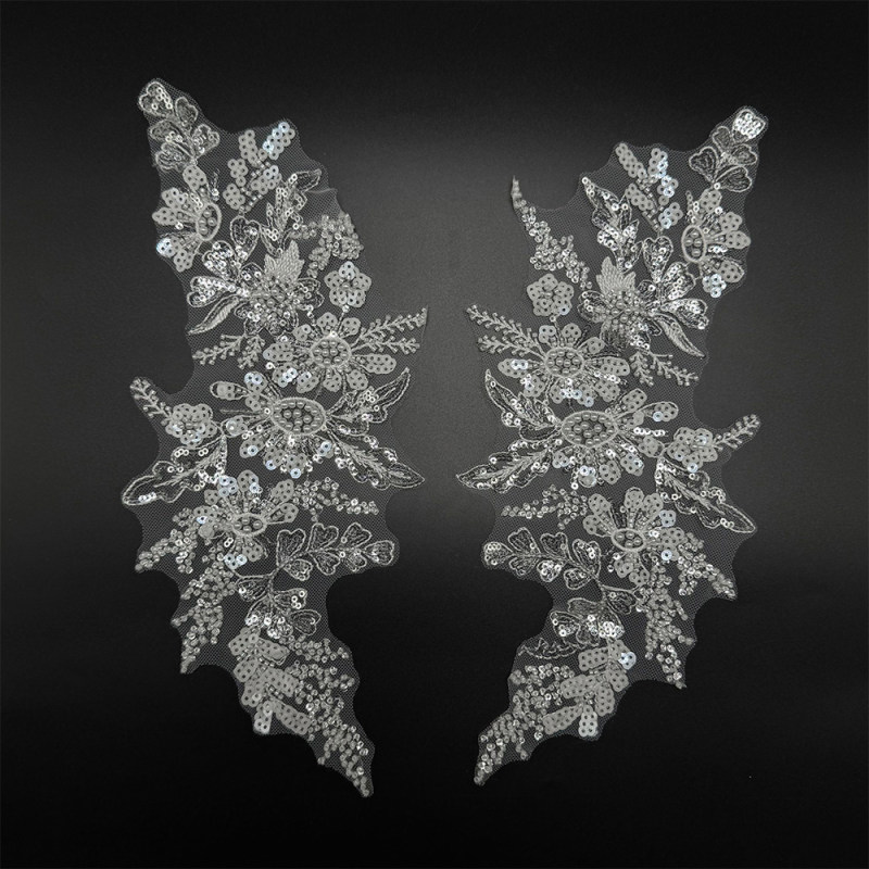 GCW-JY23-LD80608ZAP Beaded Ornate Floral Bodice Applique Pair for Bridal Wedding Dresses