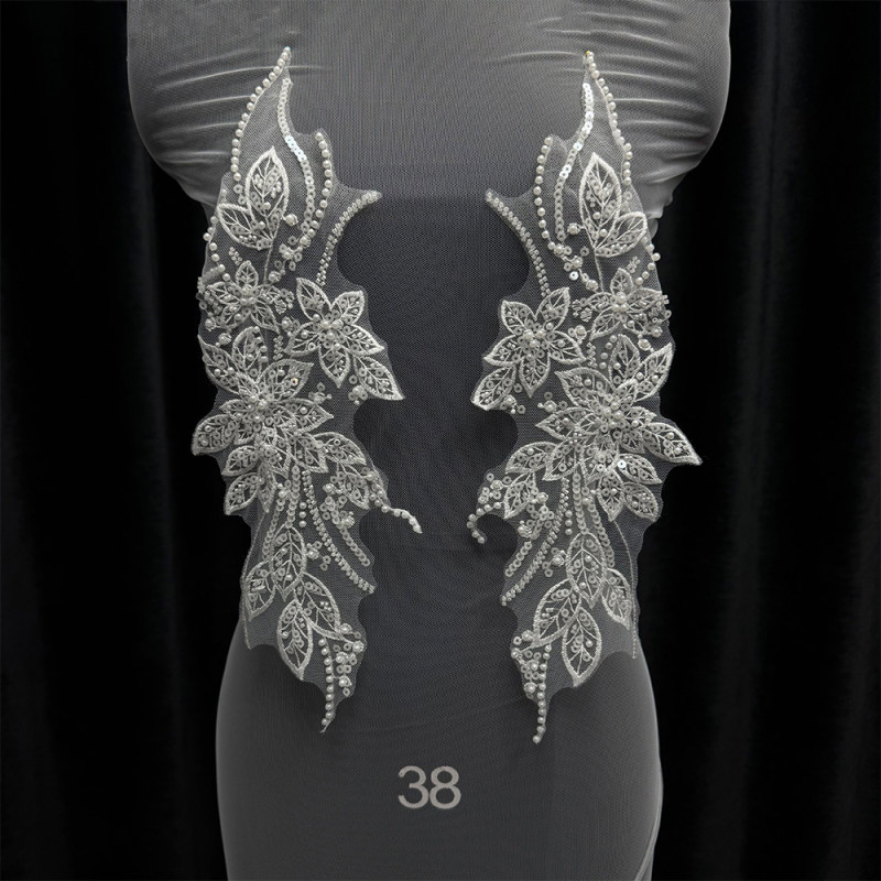GCW-JY24-LD80647ZAP - Exquisite Embroidered Lace Applique Pair for Bridal & Couture Designs