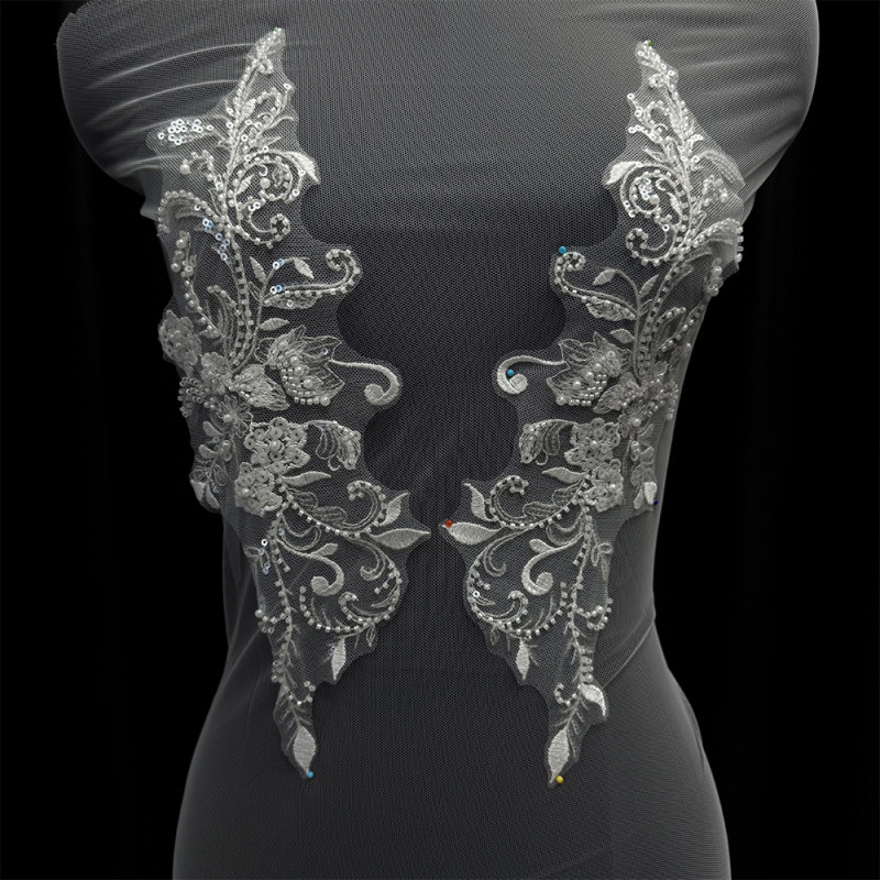 GCW-JY25-LD80643ZAP Beaded Baroque Floral Bodice Applique Pair for Bridal Wedding Dresses