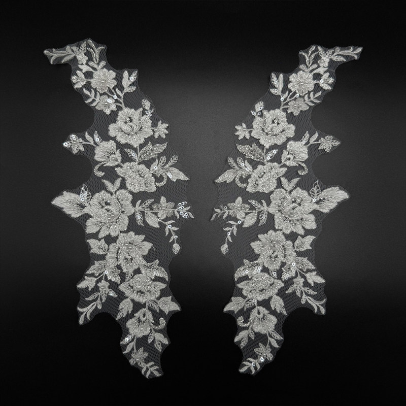 GCW-JY26-LD80565ZAP Beaded Lush Floral Bodice Applique Pair for Bridal Wedding Dresses