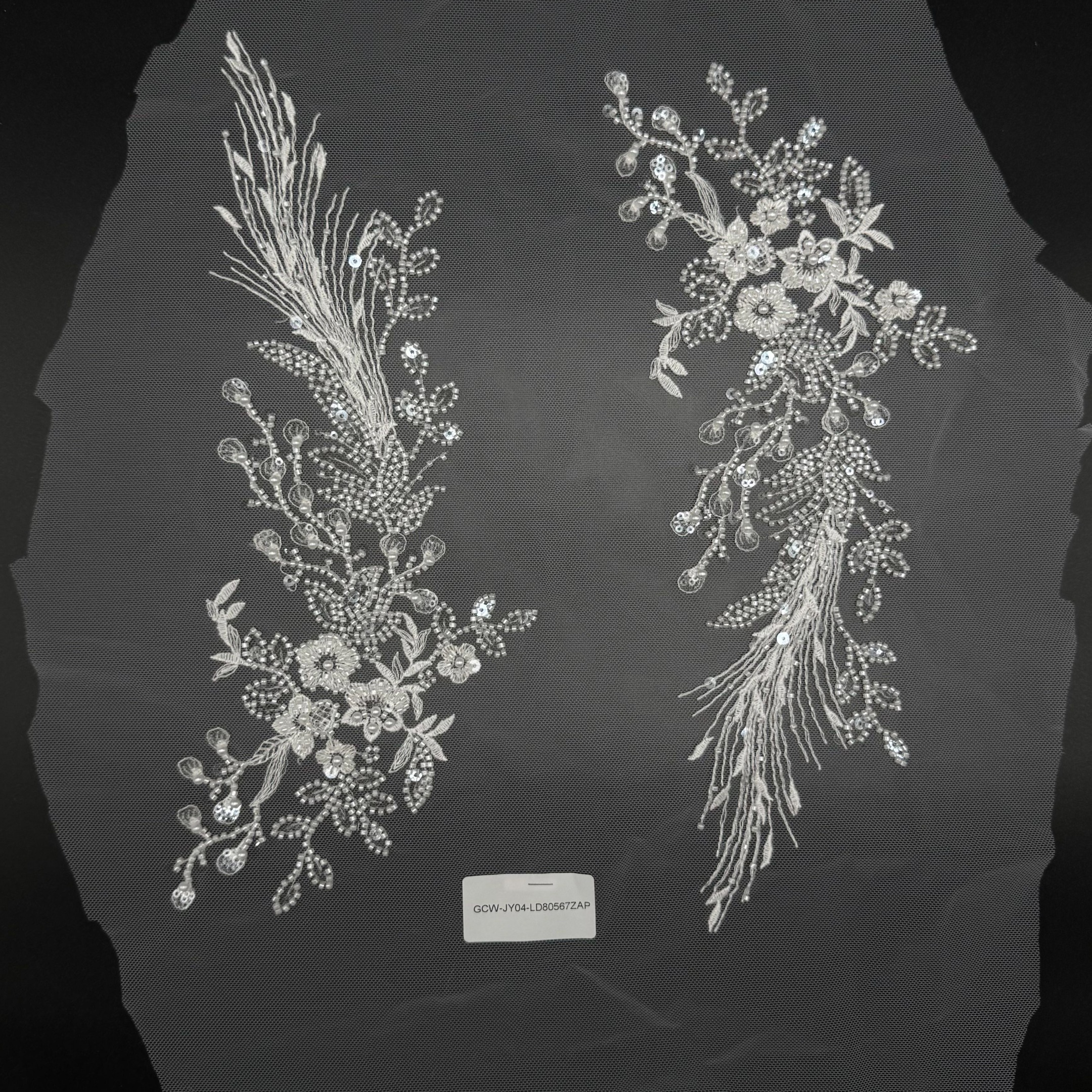 GCW-JY04-LD80567ZAP Beaded Cascading Feather Floral Bodice Applique Pair for Bridal Wedding Dresses