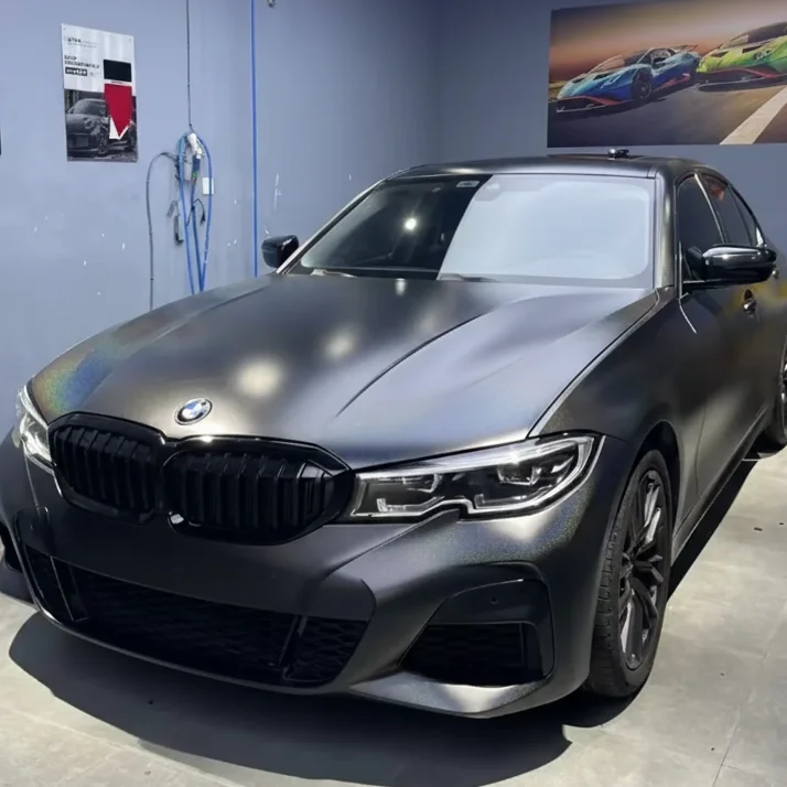 Rainbow Laser Matte Black PET Car Wrap