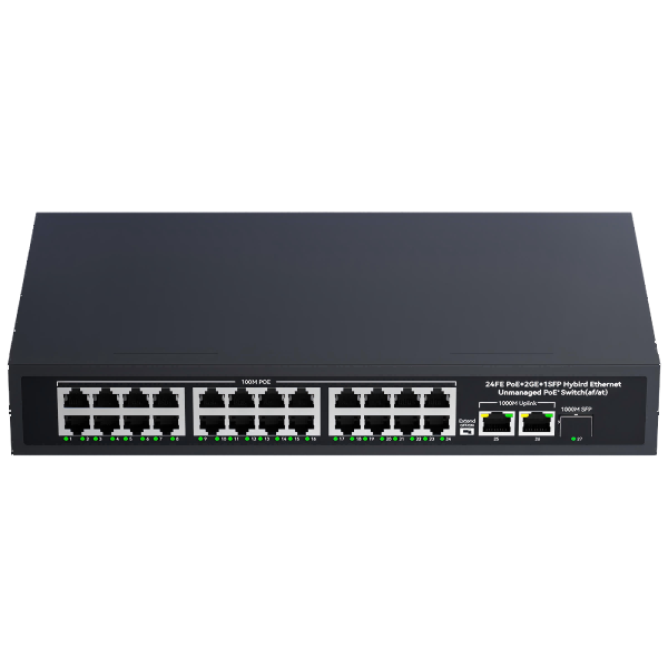 100Mbps 24-port PoE + 2 Gigabit network ports + 1 SFP optical port
