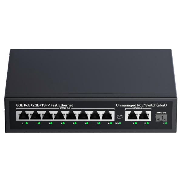Gigabit 8-port PoE + 2 Gigabit network ports + 1 SFP optical port